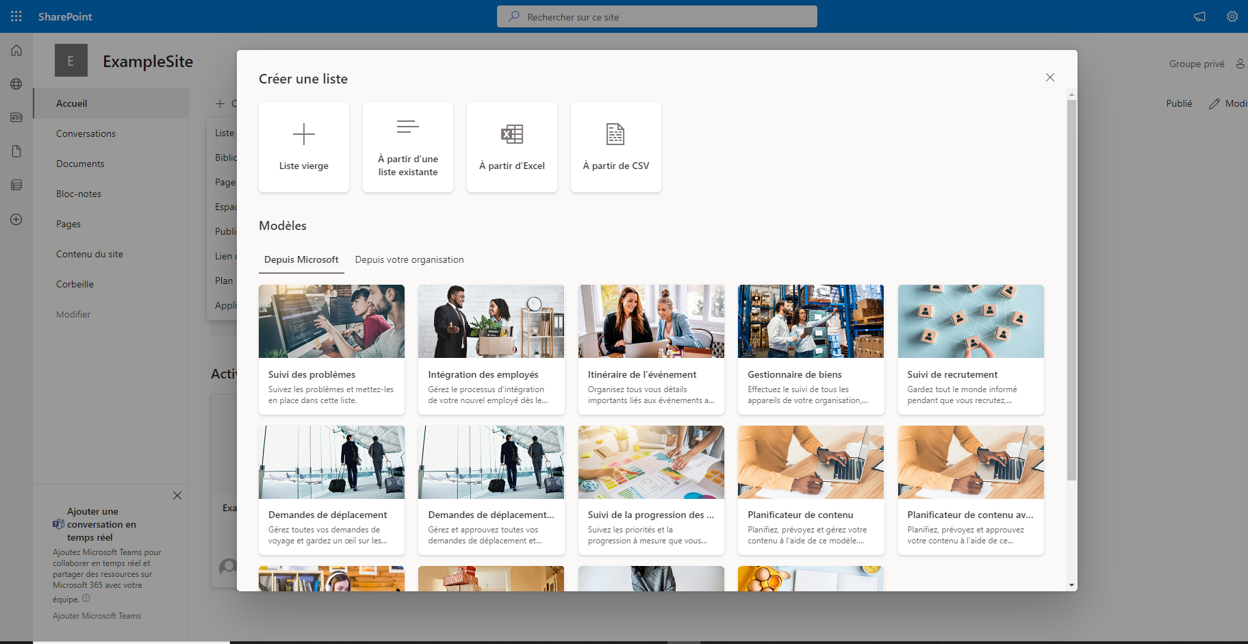Capture d’écran de la page Créer une liste dans SharePoint illustrant l’option À partir d’Excel.