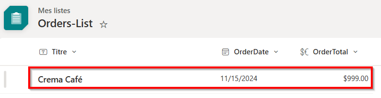 Capture d’écran de la commande venant d’être créée dans la liste.