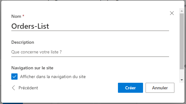 Capture d’écran du champ Nom défini sur Orders-List.