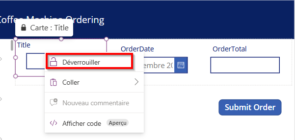 Image de la fiche Title sélectionnée affichant les options de clic droit, avec l’option Déverrouiller mise en évidence.