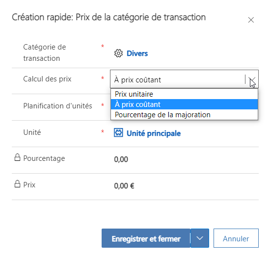 Capture d’écran de la page Création rapide : prix de la catégorie de transaction.