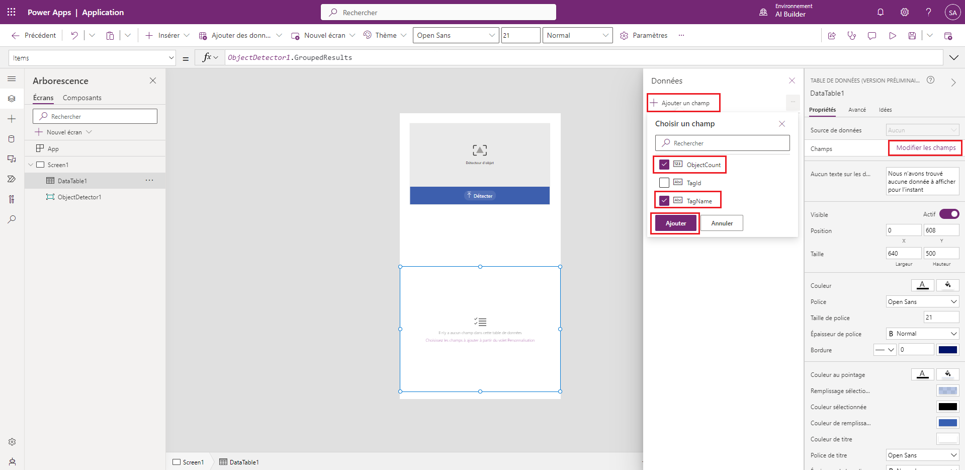 Capture d’écran des étapes de modification des champs du composant DataTable1 dans Power Apps.