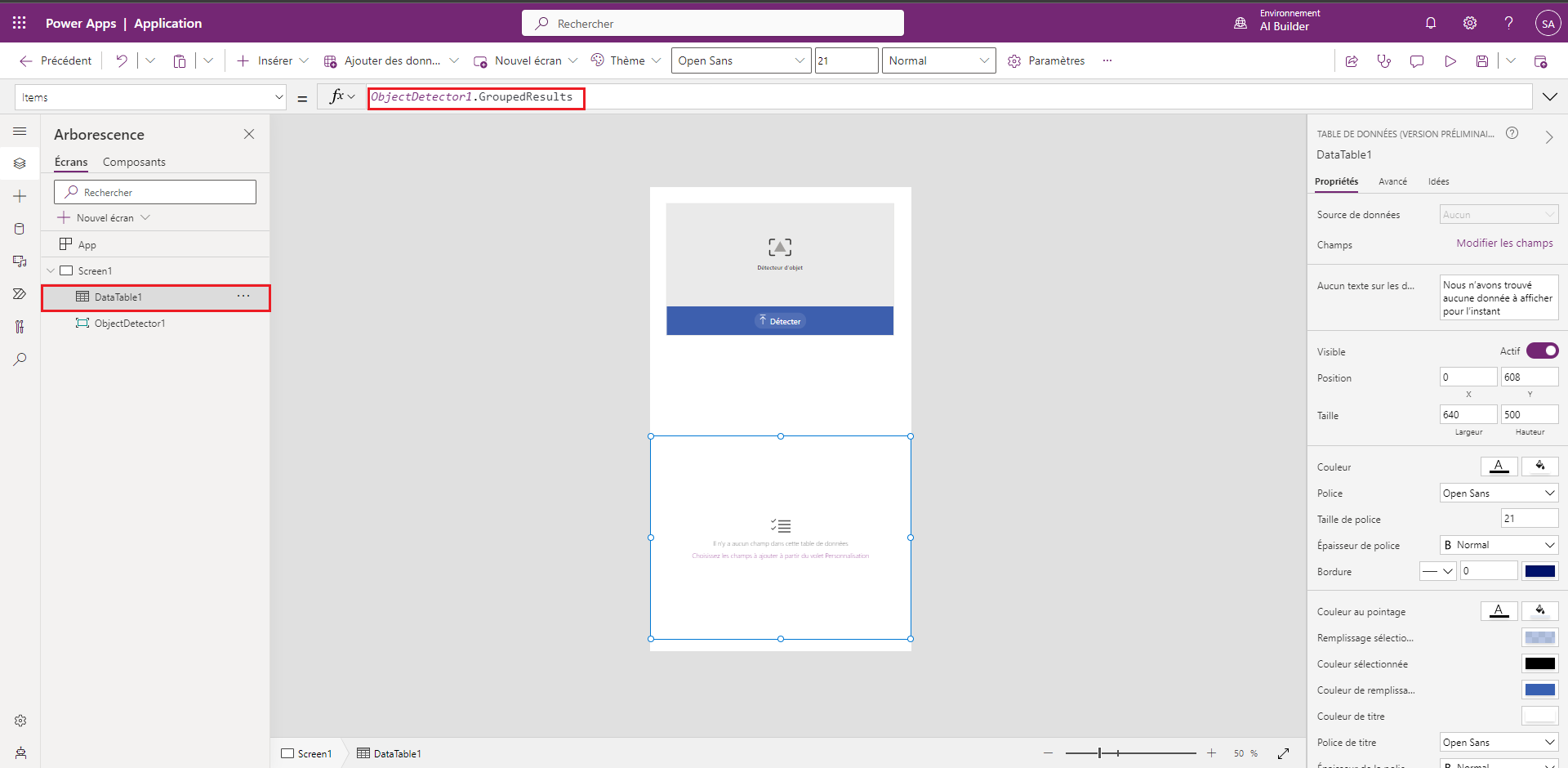 Capture d’écran de la valeur ObjectDetector1.GroupedResults dans la barre de formule et du composant DataTable1 sélectionné dans Power Apps.