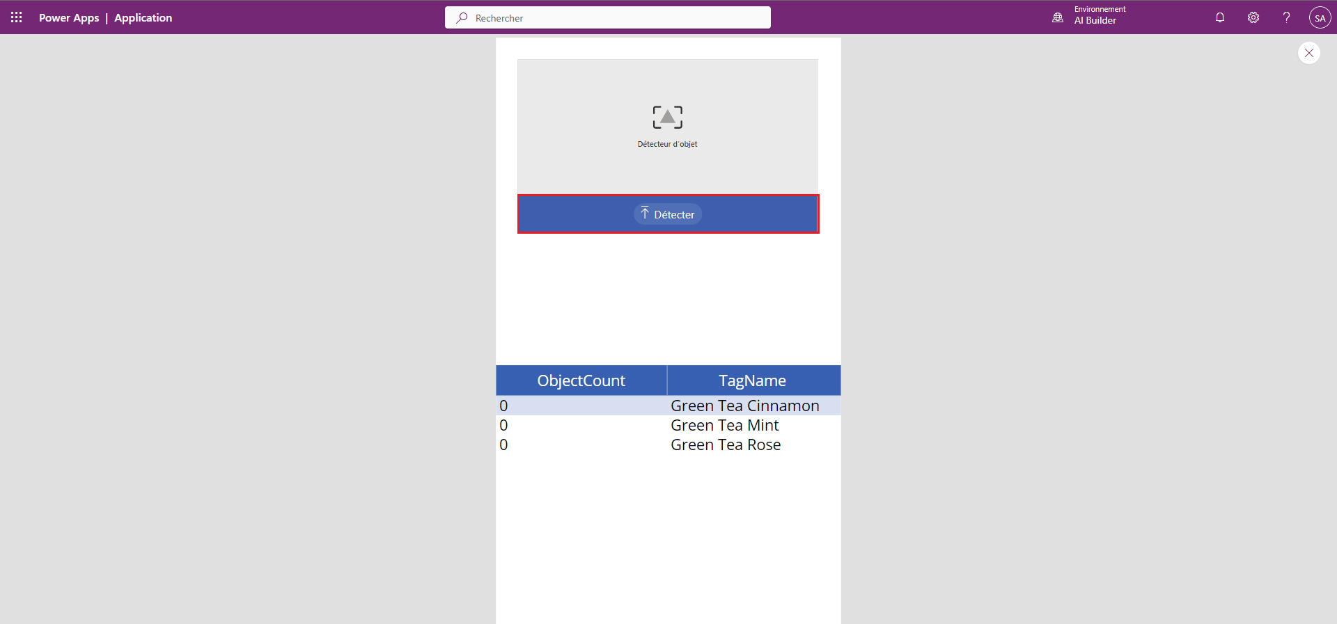 Capture d’écran du bouton Détecter dans Power Apps.