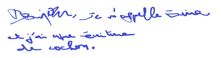 Capture d’écran d’un fichier que vous pouvez déposer dans le dossier Images affichant un texte manuscrit épouvantable : Bonjour, je m’appelle (illisible) et j’ai une écriture de cochon.