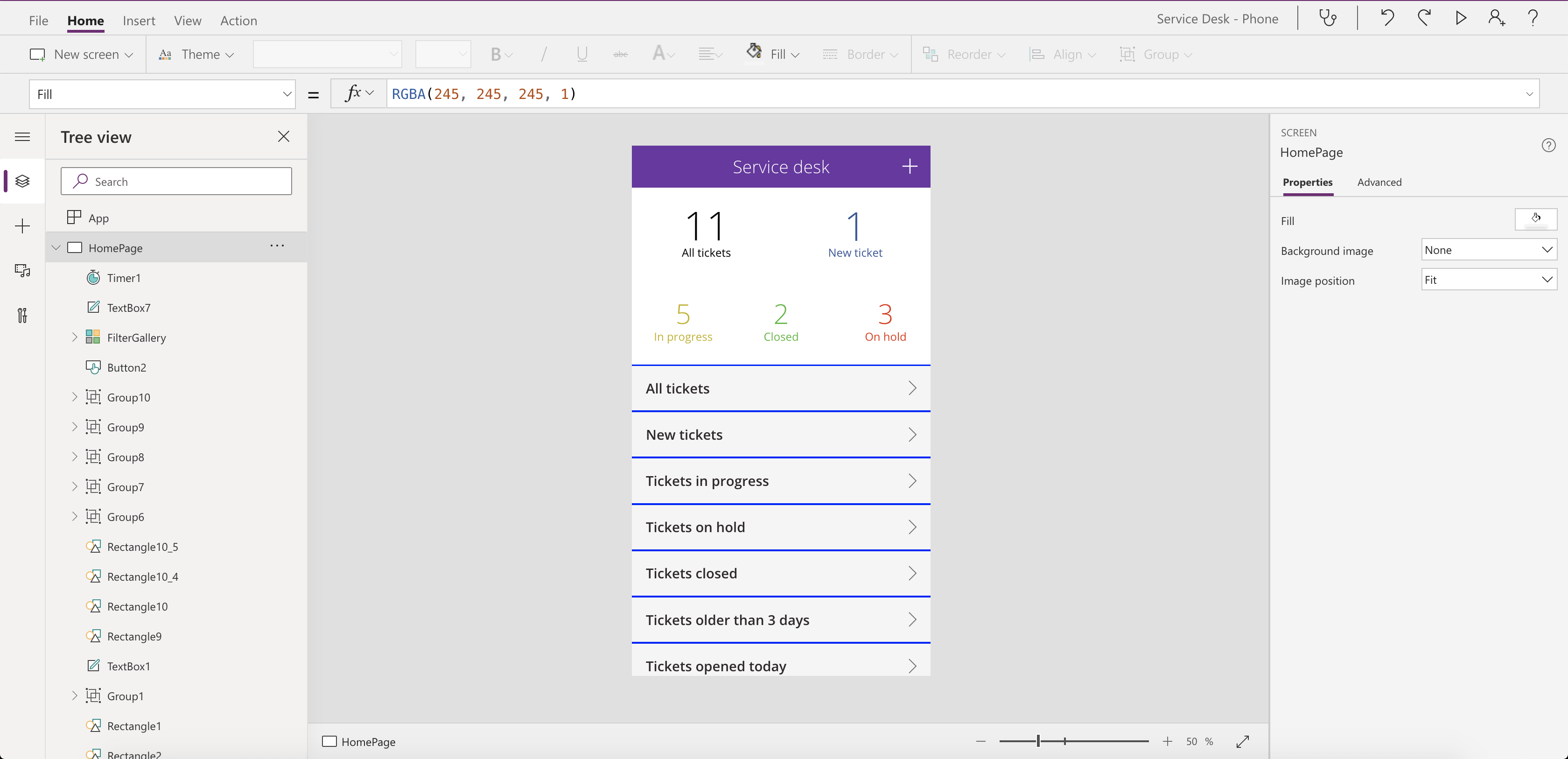 Screenshot of a functioning canvas app in Power Apps studio.