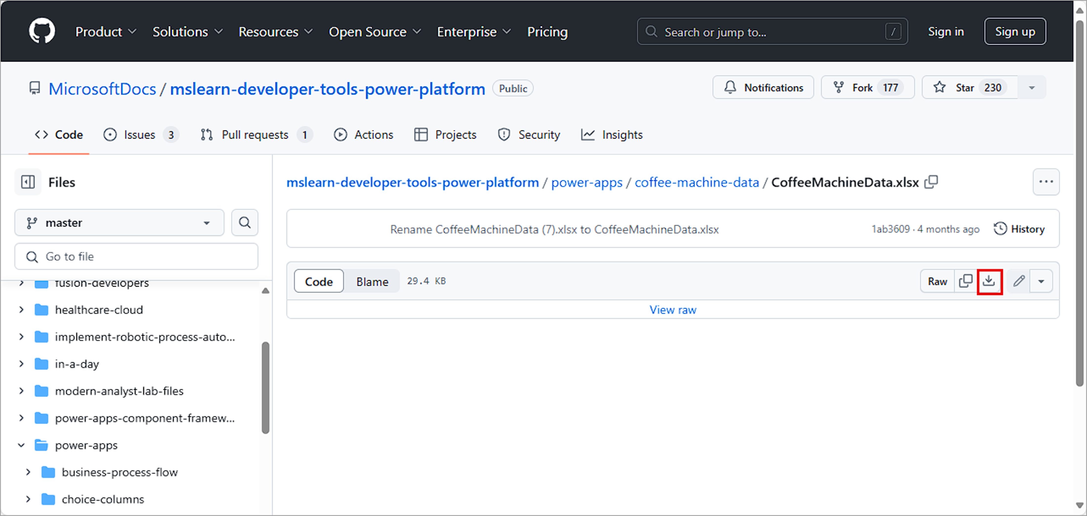 Capture d’écran du lien GitHub pour le fichier Excel avec le bouton Télécharger le fichier brut mis en évidence.