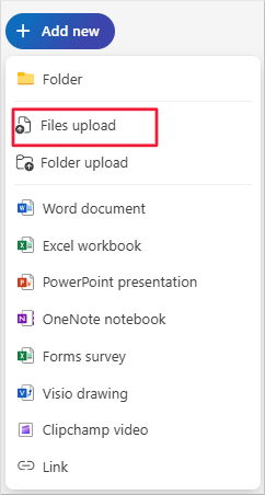 Capture d’écran de l’interface de fichiers OneDrive avec le bouton Chargement de fichiers mis en évidence.