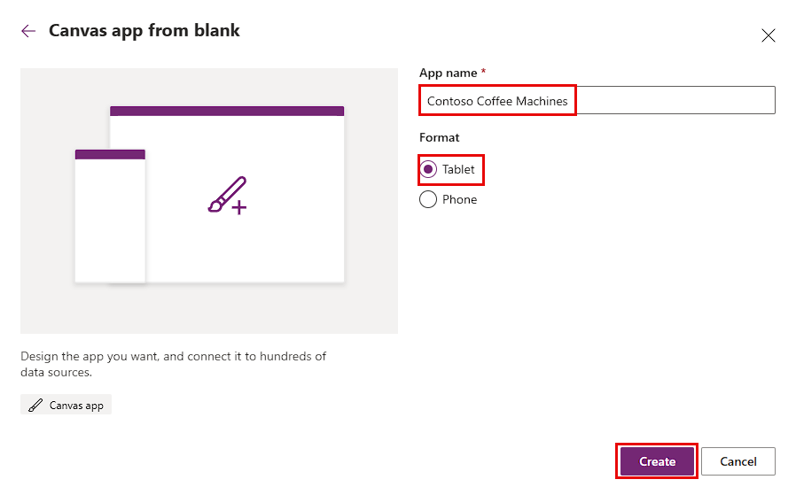 Capture d’écran de la fenêtre contextuelle Application canevas à partir de zéro s’affichant avec le nom d’application Contoso Coffee Machines et le format Tablette. Le bouton Créer en bas à droite est mis en évidence.