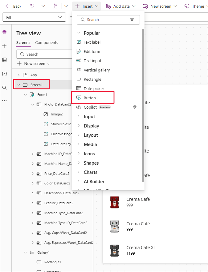 Capture d’écran de l’image illustrant un contrôle Bouton avec la propriété Text définie sur Enregistrer les modifications et la propriété OnSelect définie sur SubmitForm(Form1).