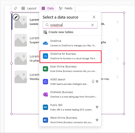 Capture d’écran de la galerie nouvellement insérée illustrant le champ Données. OneDrive est saisi dans la zone de recherche et l’option OneDrive Entreprise est sélectionnée.
