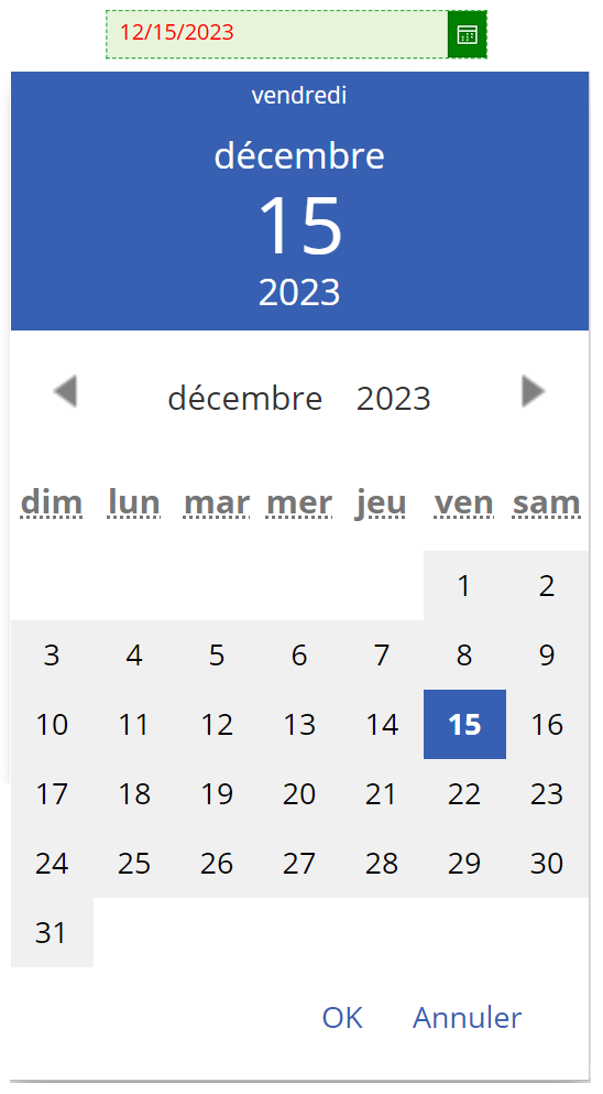 Capture d’écran du contrôle Sélecteur de date.