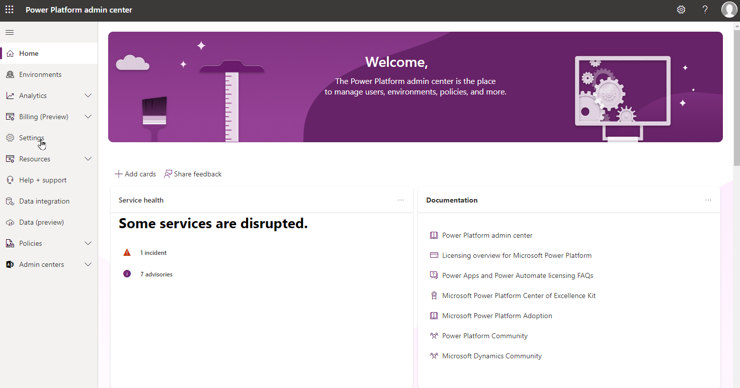 S Capture d’écran du centre d’administration Microsoft Power Platform.