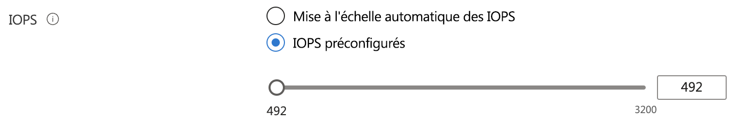 Capture d’écran du panneau Paramètres pour ajouter des IOPS préapprovisionnées.