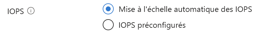Capture d’écran des options de création pour mettre à l’échelle automatiquement les IOPS.