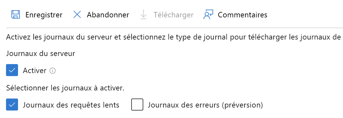 Capture d’écran de la page du Portail Azure pour activer les journaux des requêtes lentes.