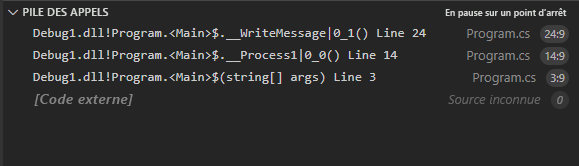 Capture d’écran montrant les niveaux de la pile d'appels entre l'endroit où une exception est levée et celui où elle est interceptée.