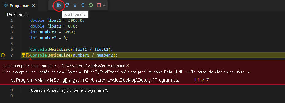 Capture d’écran montrant le bouton Continuer dans la barre d’outils Débogage.