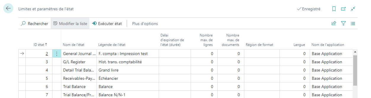 Capture d’écran de la page Limites et paramètres d’état.