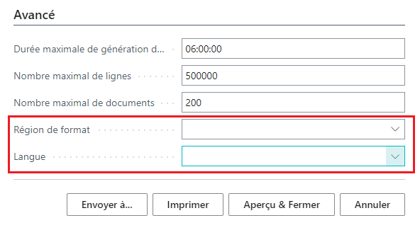 Capture d’écran de la section Avancée de la page de demande avec les champs Région de format et Langue.