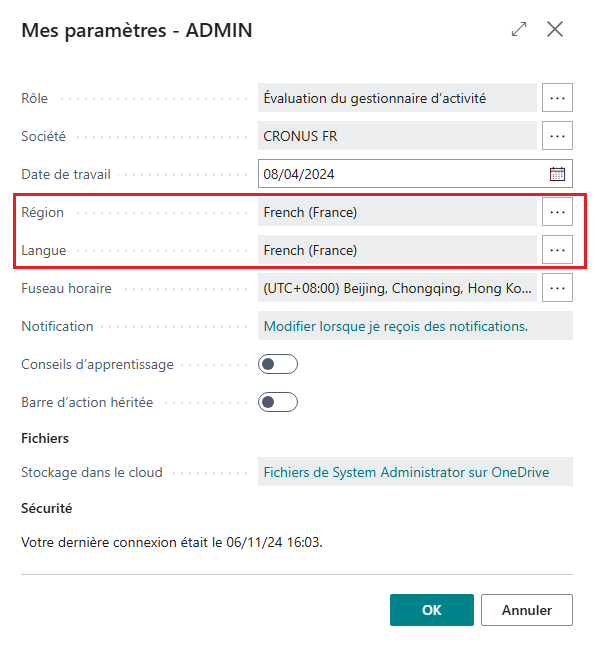 Capture d’écran de la page Mes paramètres.