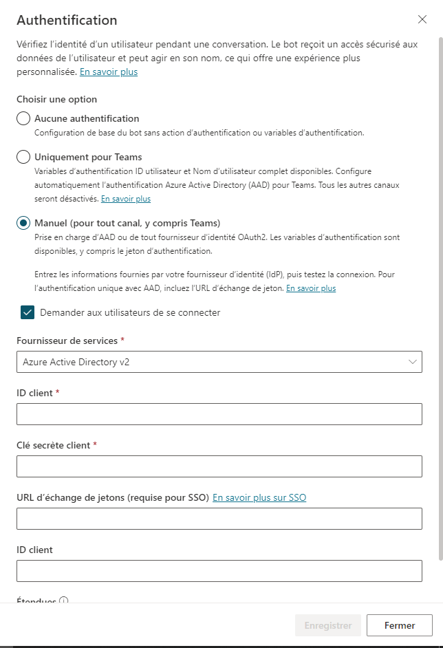 Capture d’écran de la boîte de dialogue Authentification avec l’option Manuelle sélectionnée et le champ Prestataire de services renseigné.
