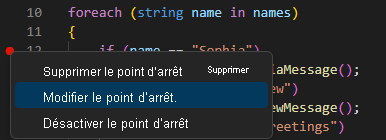 Capture d’écran montrant l’option de modification d’un point d’arrêt dans l’éditeur Visual Studio Code.