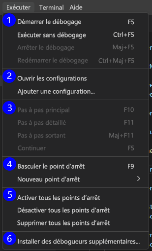 Capture d’écran montrant le menu Exécuter de Visual Studio Code avec les options de débogage.