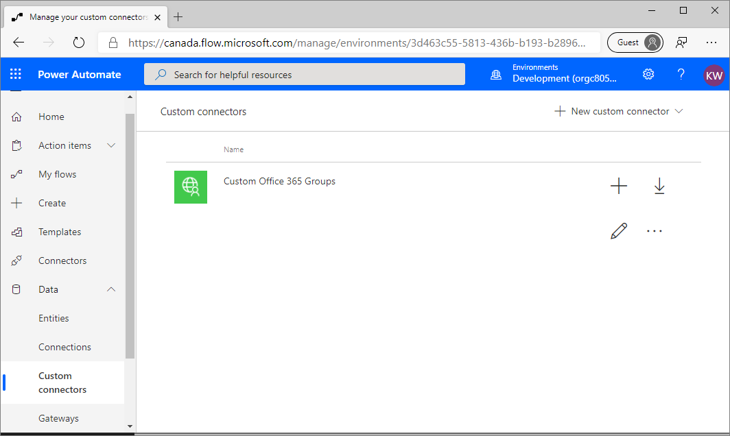 Capture d’écran de la page Power Automate Connecteurs personnalisés avec le connecteur Groupes Office 365 personnalisés ajouté.