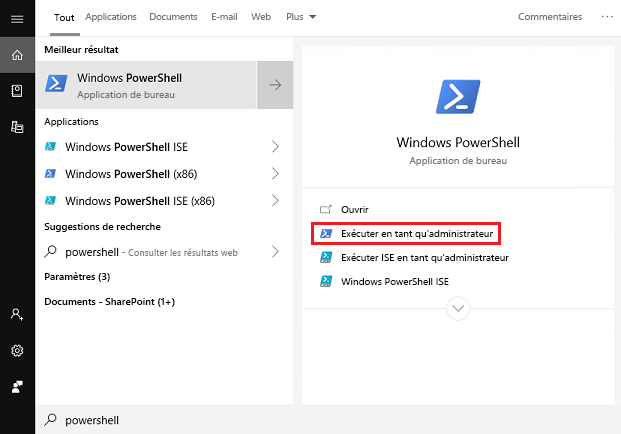 Capture d’écran de l’application de bureau Windows PowerShell avec l’option Exécuter en tant qu’administrateur mise en surbrillance.