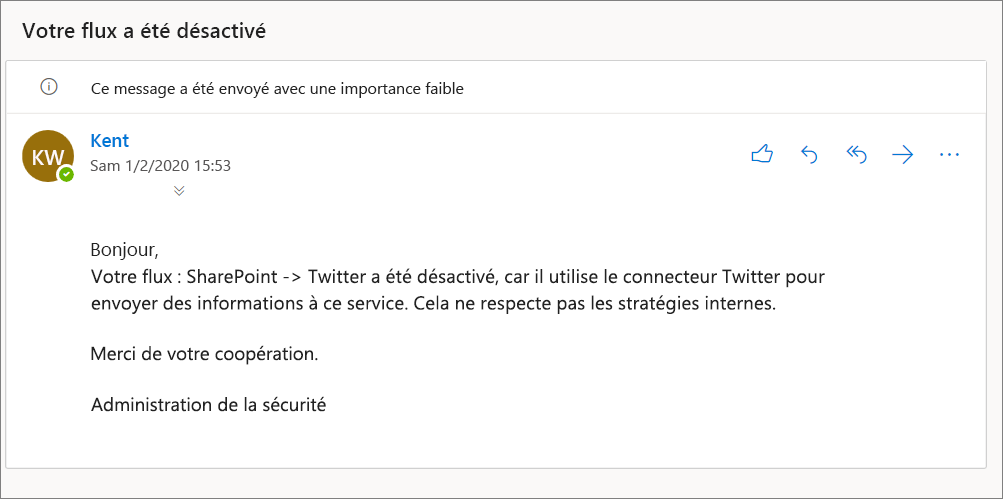 Capture d’écran d’un e-mail avec l’objet « Votre flux a été désactivé » et le message « Votre flux : SharePoint > Twitter a été désactivé… »