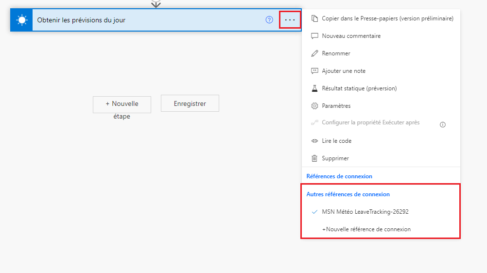 Capture d’écran du menu références de connexion.