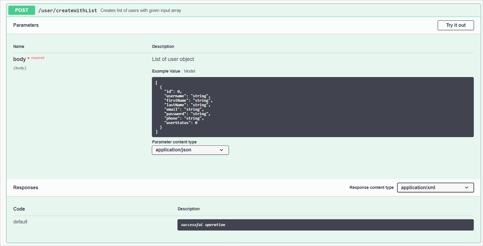 Interaction with API Operation in Swagger UI.