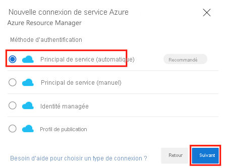 Screenshot of Azure DevOps that shows the service principal option.