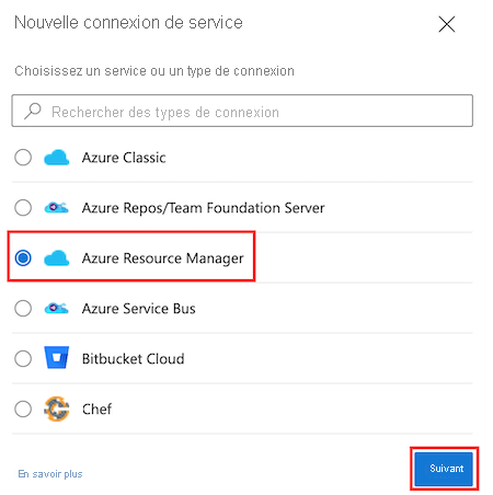 Screenshot of Azure DevOps that shows the Azure Resource Manager service connection type highlighted.