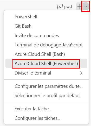 Screenshot of the Visual Studio Code terminal window, with the terminal shell dropdown shown and powershell selected.