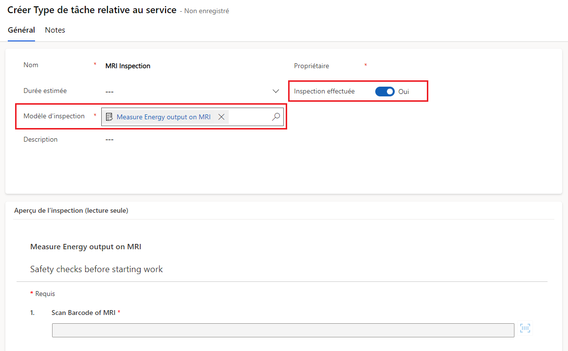 Capture d’écran illustrant le type de tâche de service avec le modèle d’inspection sélectionné.