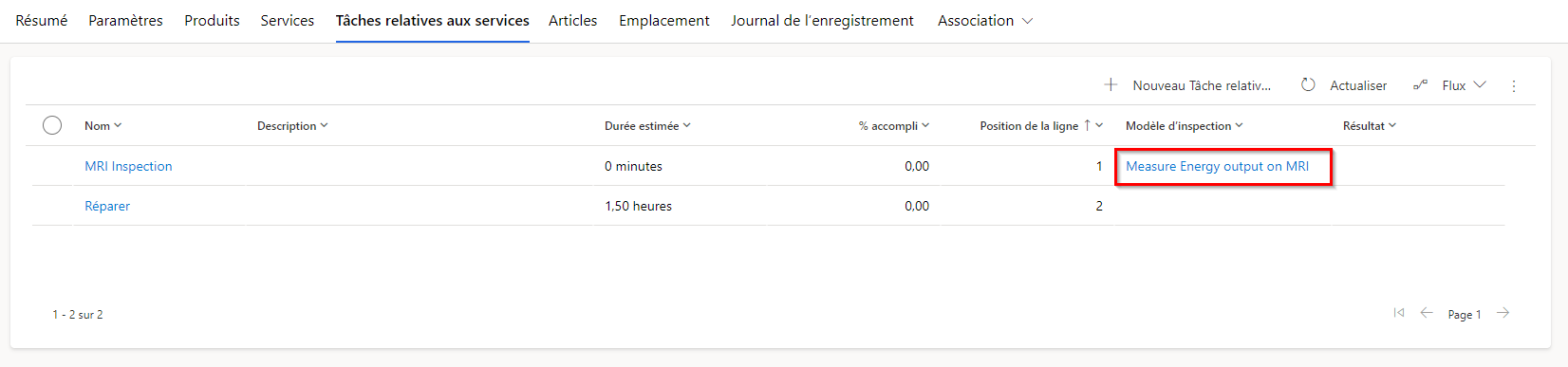 Capture d’écran illustrant des ordres de travail d’inspection.