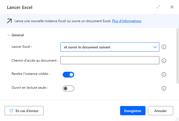 Capture d’écran illustrant le paramètre Lancer Excel.