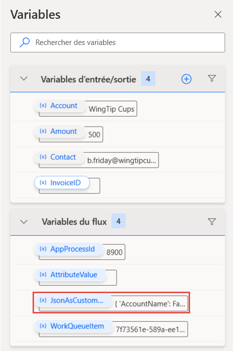Capture d’écran illustrant la sélection de la variable JSONAsCustomObject.