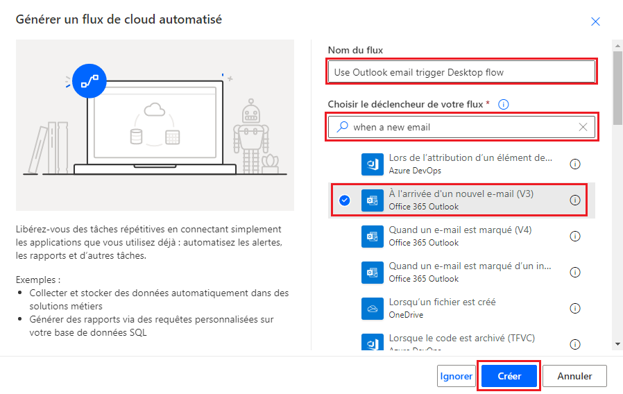 Capture d’écran du flux nommé et de l’action À l’arrivée d’un nouvel e-mail (V3) sélectionnés.