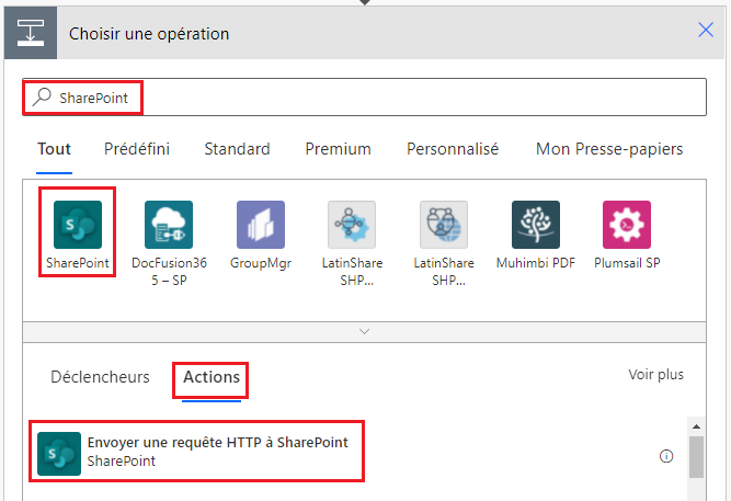 Capture d’écran de l’action SharePoint pour envoyer une requête HTTP à SharePoint.