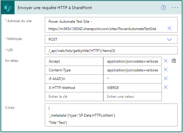 Capture d’écran de l’action Requête HTTP à SharePoint.