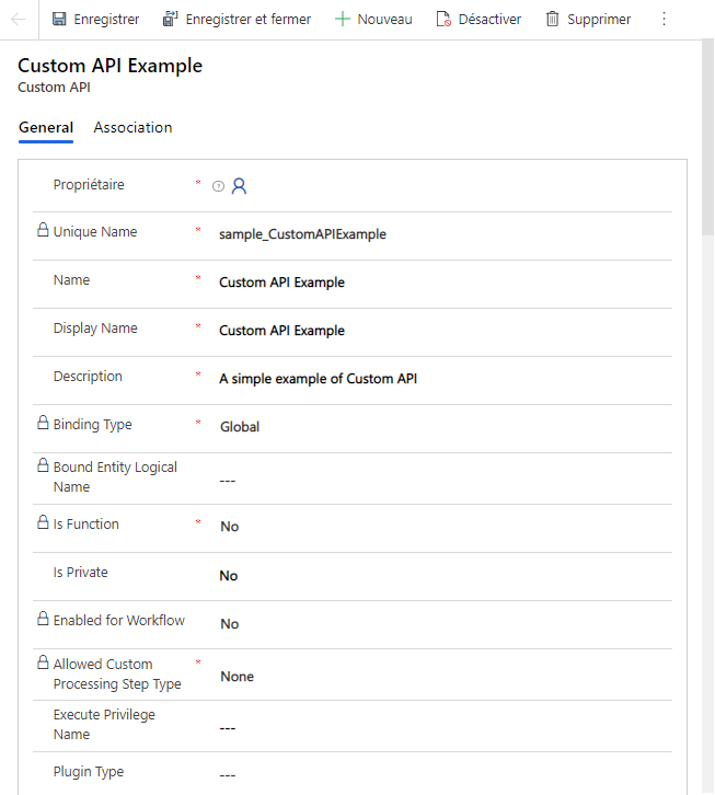 Capture d’écran de l’enregistrement d’une API personnalisée.