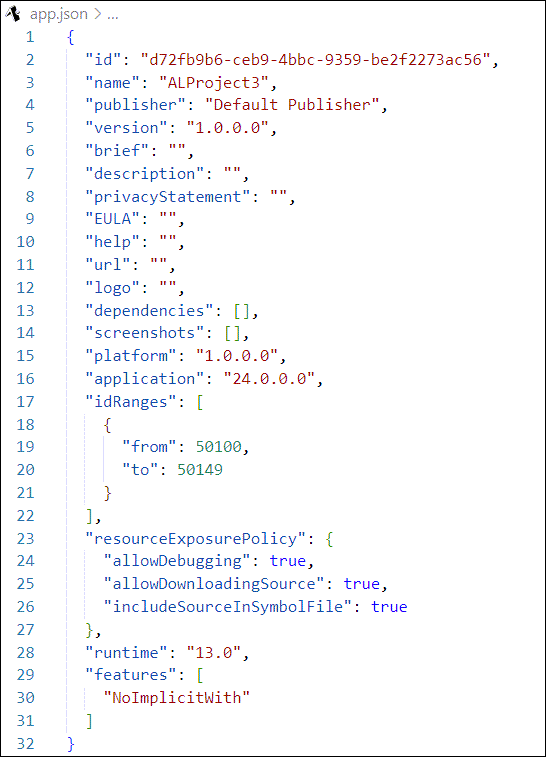 Capture d’écran d’un exemple de fichier app.json dans Business Central.