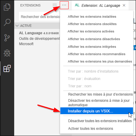 Capture d’écran affichant l’option Installer depuis un VSIX.