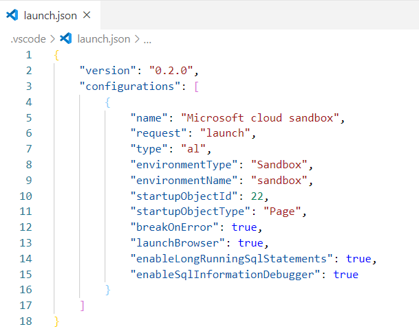 Capture d’écran montrant le fichier du bac à sable cloud launch.json.