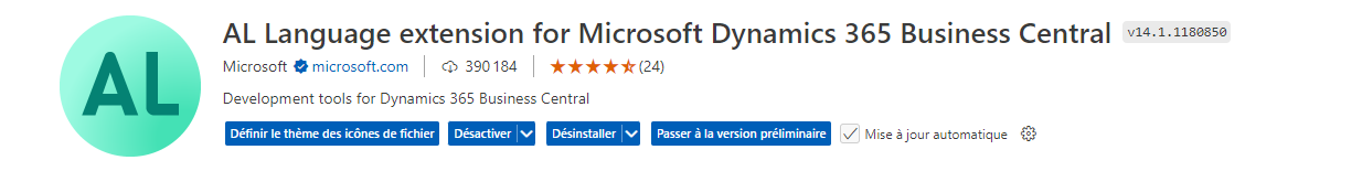 Capture d’écran de l’extension AL Language pour Microsoft Dynamics 365 Business Central sur une version standard.