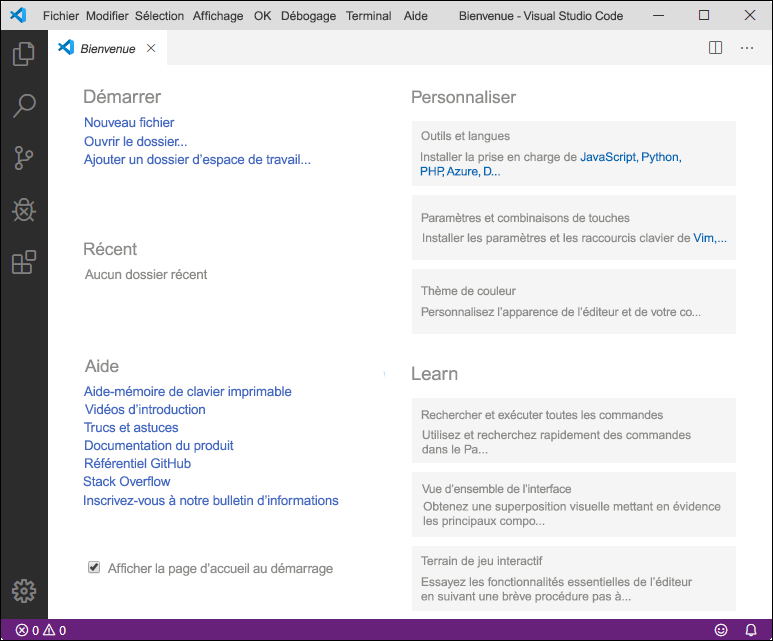 Capture d’écran de la page Bienvenue dans Visual Studio Code.