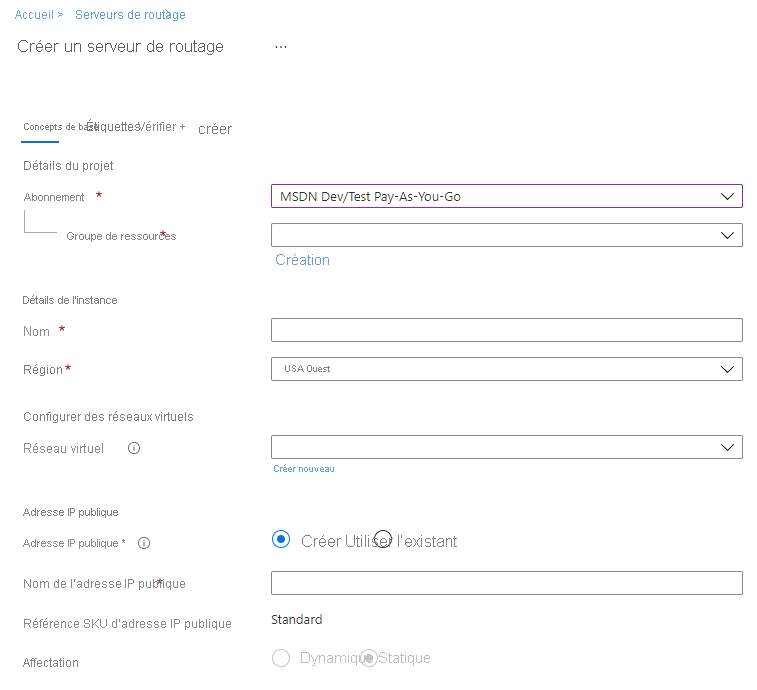 Screenshot of the create a route server page with the Basics tab selected.